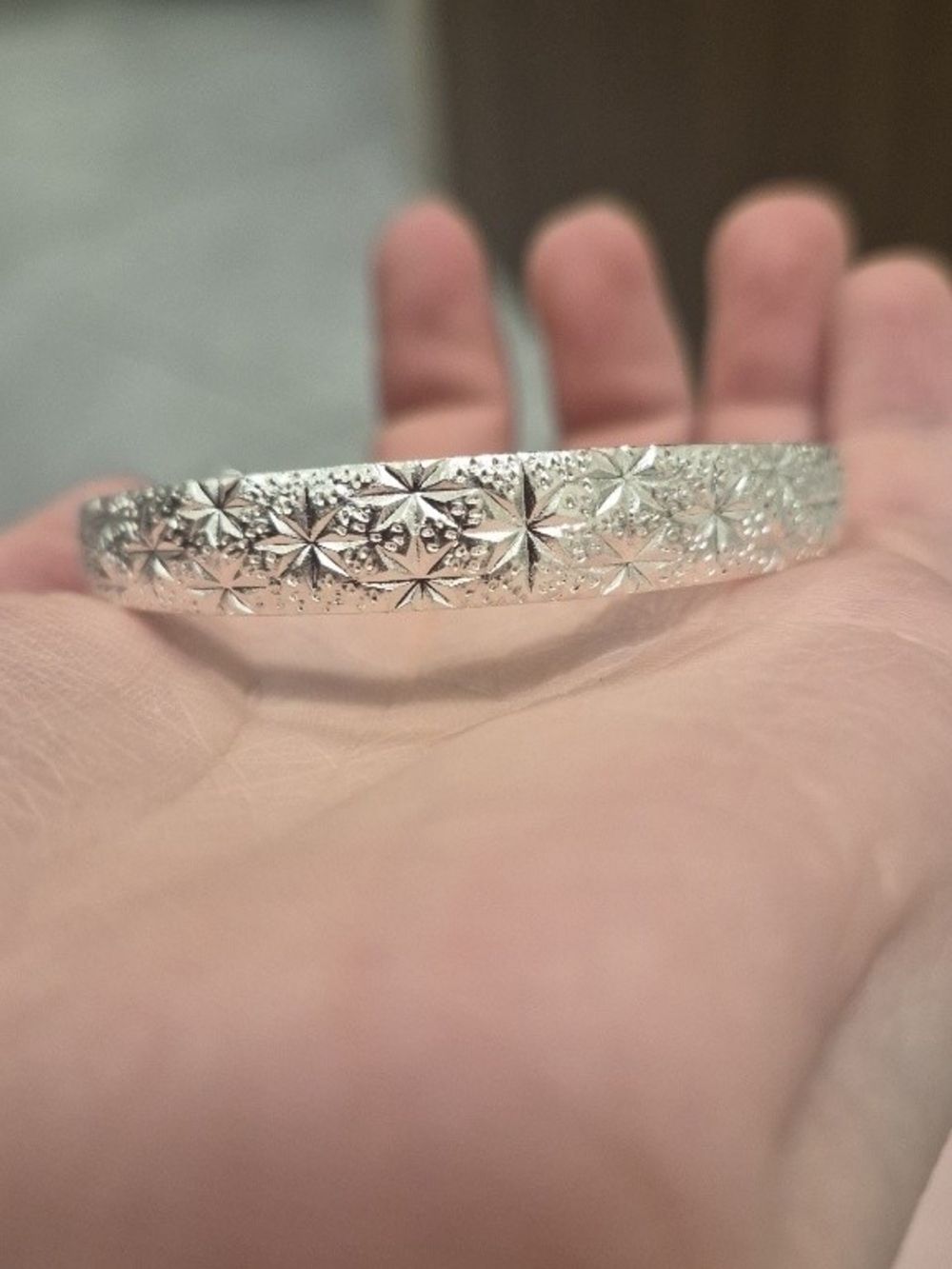 Sterling Silver Floral Engraved Bangle Bracelet - Silver